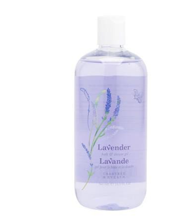 A bottle of CRABTREE & EVELYN's Lavender Bath and Shower Gel 16.9oz on a white background.