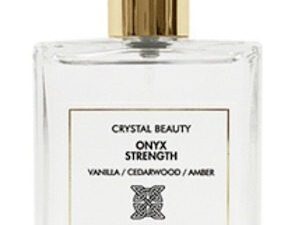 A bottle of CRYSTAL BEAUTY ONYX STRENGTH VANILLA/CEDARWOOD/AMBER eau de parfum 3.4 fl oz/100 ml.