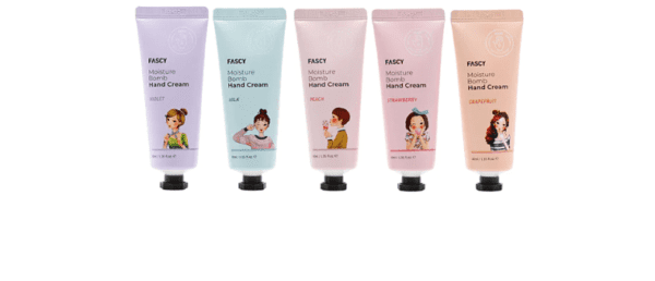 Five tubes of Maske Lab FASCY Assorted Tree Moisture Bomb Hand Cream with variations of lilac, peach, mint, strawberry, and grapefruit, each illustrated with different animated female characters.