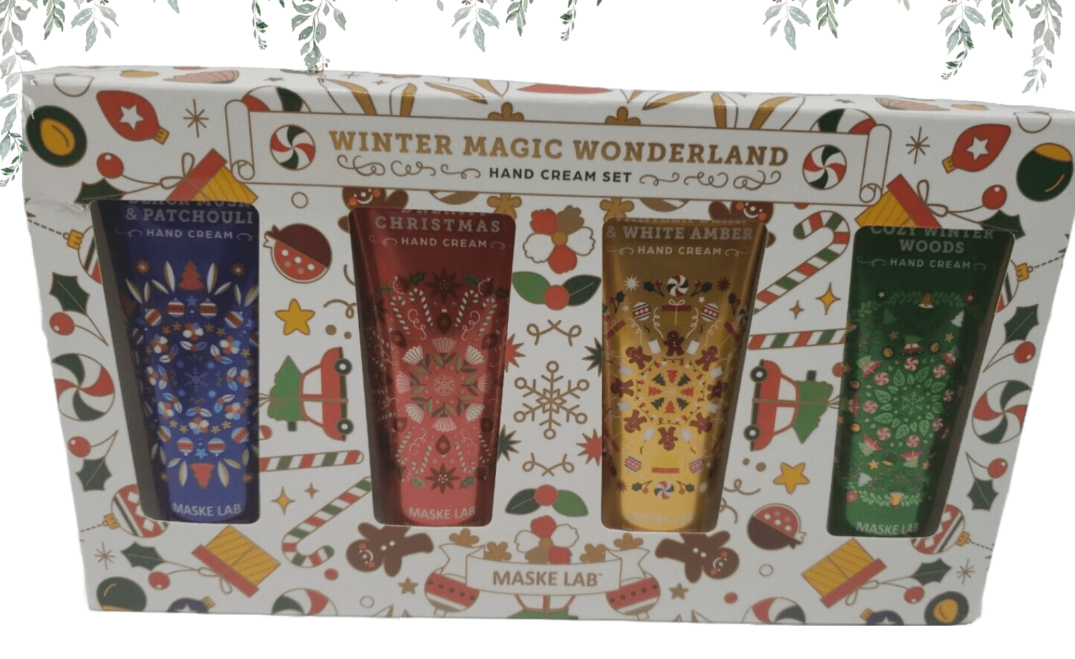 A gift box labeled "Maske Lab Winter Magic Wonderland Hand Cream Set of 4 (1 oz each)" with illustrations of four hand cream tubes in festive designs.