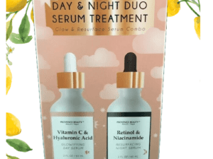 Provence Beauty DAY & NIGHT DUO SERUM TREATMENT - Glow & Resurface Serum Combo (2x2oz) packaging, featuring vitamin c hyaluronic acid and retinol niacinamide serums, decorated with lemon and leaf graphics.