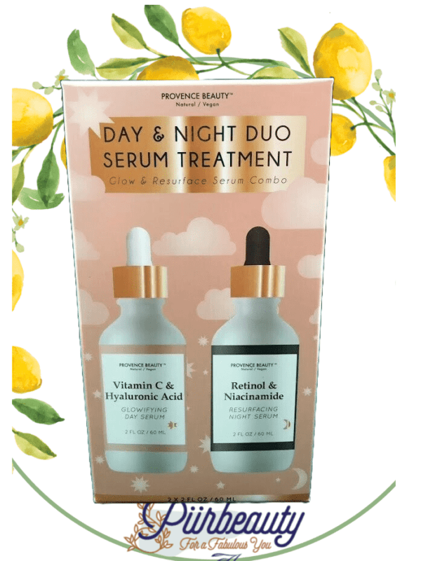 Provence Beauty DAY & NIGHT DUO SERUM TREATMENT - Glow & Resurface Serum Combo (2x2oz) packaging, featuring vitamin c hyaluronic acid and retinol niacinamide serums, decorated with lemon and leaf graphics.