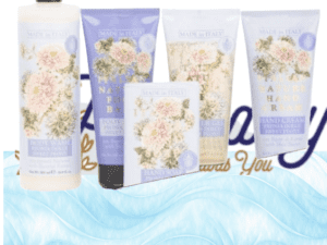 Five bottles of SAPONERIE MARIO 5pc Peonia Dolce Sweet Peony Italy Gift Set displayed against a soft blue background.