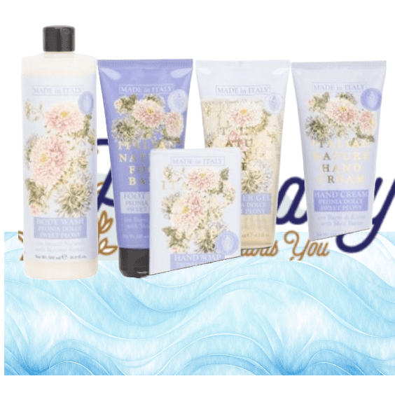 Five bottles of SAPONERIE MARIO 5pc Peonia Dolce Sweet Peony Italy Gift Set displayed against a soft blue background.