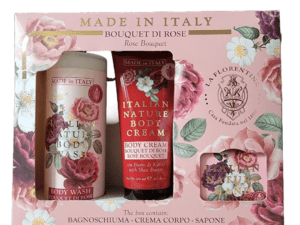 An image of the SAPONERIE MARIO FISSI 3pc Rose Bouquet Body Care Set, including body wash, lotion, and soap, featuring floral packaging with rose motifs.