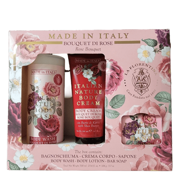 An image of the SAPONERIE MARIO FISSI 3pc Rose Bouquet Body Care Set, including body wash, lotion, and soap, featuring floral packaging with rose motifs.