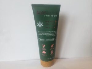 A tube of BODYOLOGY Hemp & Aloe Vera Hand Cream 100ml (3.38fl oz) on a white surface.