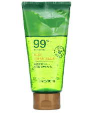 A tube of Jeju Fresh Aloe, 99% Aloe Vera Soothing Gel, 10.14 fl oz 300 ml, The Saem cleanser.