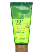 A tube of Jeju Fresh Aloe, 99% Aloe Vera Soothing Gel, 10.14 fl oz 300 ml, The Saem cleanser.