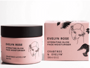 A pink Crabtree & Evelyn Evelyn Rose Hydrating Glow Face Moisturizer 50ml 1.6 fl oz container with black lid and black lid.