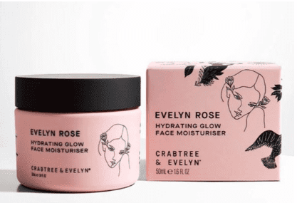 A pink Crabtree & Evelyn Evelyn Rose Hydrating Glow Face Moisturizer 50ml 1.6 fl oz container with black lid and black lid.