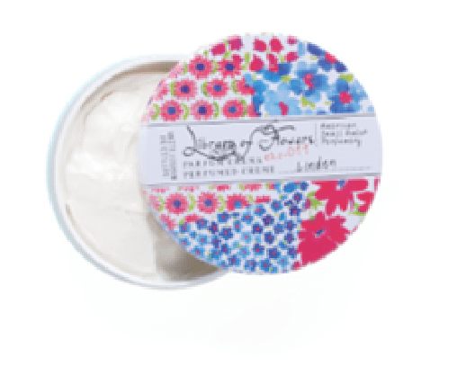 A jar of LIBRARY OF FLOWERS Linden Parfum Crema 2.5oz with a lid.