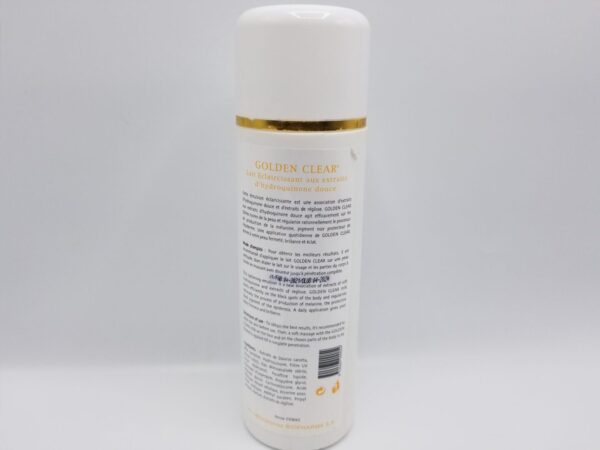 A white bottle of Golden Clair Lightening and Hydrating Lotion with a gold label on a white background.