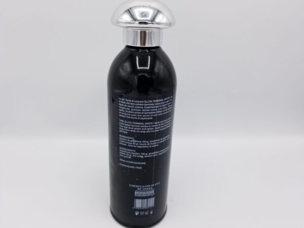 A black Glutathione Injection Body Lotion bottle with a silver lid on a white background.