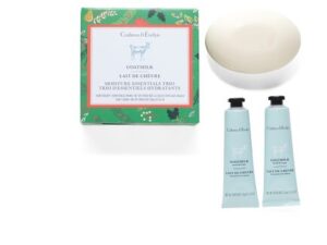 A Crabtree & Evelyn 3pc Hand Therapy and Soap Set of hand cream and a box of hand lotion.