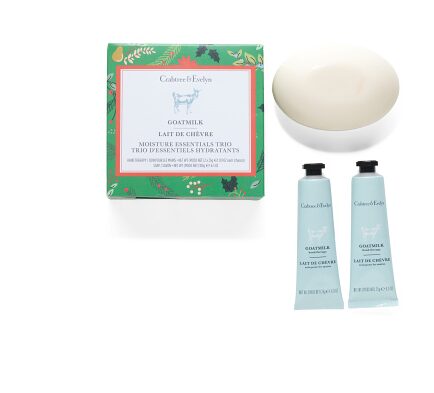 A Crabtree & Evelyn 3pc Hand Therapy and Soap Set of hand cream and a box of hand lotion.