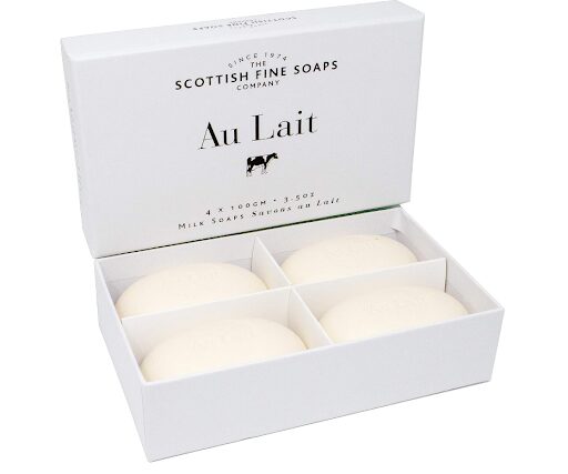 Scottish Fine Soaps Au Lait Shea Butter Milk Soaps - Boxed Set in a white box.