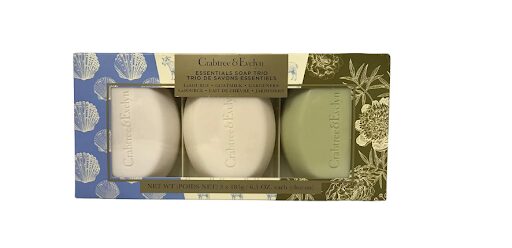 Three Crabtree & Evelyn Essentials Bar Soap Trio - La Source, Goat Milk, Gardeners in a box on a white background.