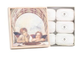 A box of SAPONIFICIO ARTIGIANALE FIORENTINO Handmade Florentine Soaps with angels on it.