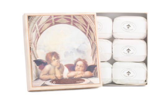 A box of SAPONIFICIO ARTIGIANALE FIORENTINO Handmade Florentine Soaps with angels on it.