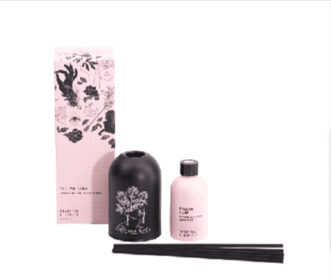 CRABTREE & EVELYN Evelyn Rose Femme De Force Diffuser and reed sticks in a pink box.