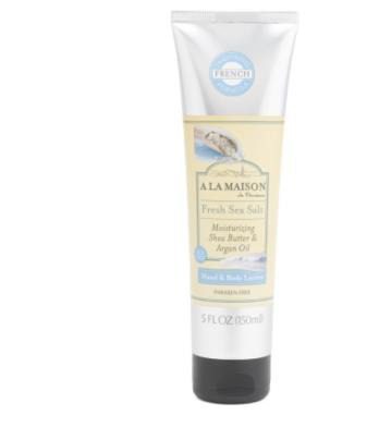 A tube of A LA MAISON de Provence Fresh Sea Salt Moisturizing Shea Butter & Argan Oil Hand & Body Lotion 5 fl oz on a white background.