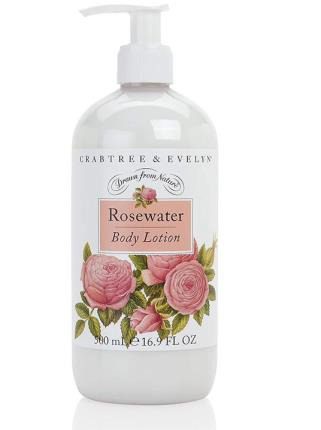 A bottle of Crabtree & Evelyn Rosewater Body Lotion 16.9 fl oz.