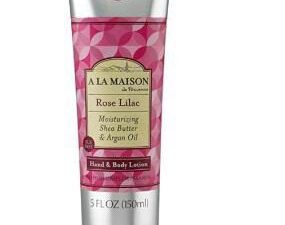 A tube of A LA MAISON Rose Lilac Moisturizing Shea Butter & Argan Oil SLS FREE Hand & Body Lotion 5 OZ on a white background.