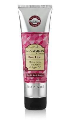 A tube of A LA MAISON Rose Lilac Moisturizing Shea Butter & Argan Oil SLS FREE Hand & Body Lotion 5 OZ on a white background.