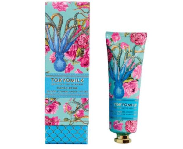 A tube of Tokyo Milk Neptune & the Mermaid Hand Creme 2.7oz - 20,000 Flowers Under The Sea with an octopus on it.