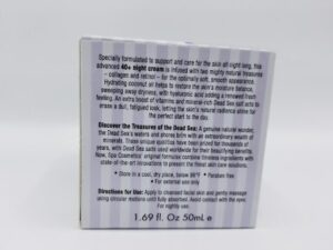 The back of a AGE HARMONY40+NIGHT CREAM Collagen & Retinol Enriched with Coconut Oil, Vitamins & Dead Sea Minerals 1.69 Oz 50mL box with a label on it.