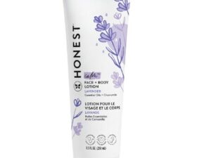 A tube of HONEST face + body lotion truly calming 8.5FL OZ (250ml) on a white background.