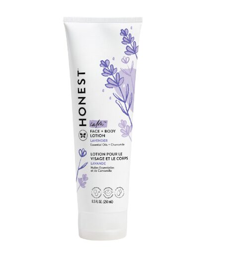 A tube of HONEST face + body lotion truly calming 8.5FL OZ (250ml) on a white background.