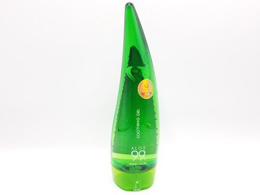 A HOLIKA HOLIKA SOOTHING GEL ALOE 99% 250ml/8.45 FL oz bottle with a green bottle on a white background.