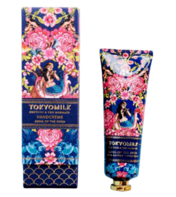 A tube of TOKYO MILK NEPTUNE & THE MERMAID Song Of The Siren Hand Cream - 2.7oz with a floral pattern.