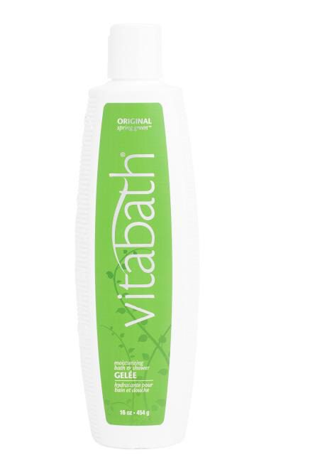 A bottle of VITABATH 16oz Original Spring Moisturizing Bath and Shower Gelee on a white background.