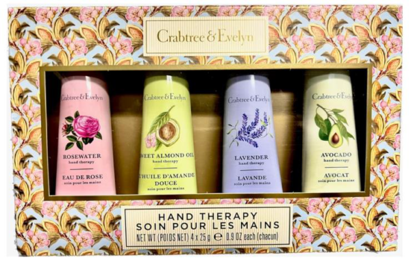 Cathy Ashley Crabtree & Evelyn Hand Therapy 4-Pack (0.9 oz Each) (Rosewater, Sweet Almond Oil, Lavender, Avocado).