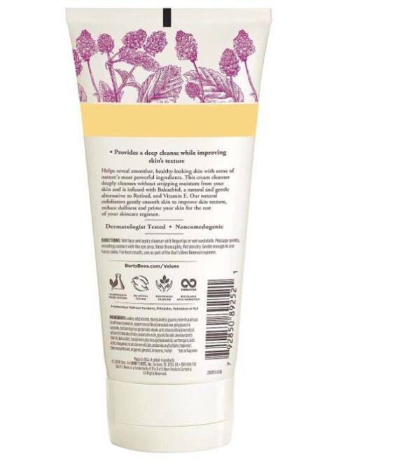 A tube of Face Cleanser, Burt's Bees Retinol Alternative, Refining Facial Wash 6 Oz with hibiscus flowers on it.