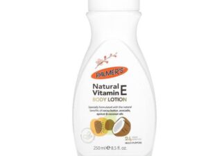 A bottle of PALMER'S Natural Vitamin BODY LOTION 24 HOUR MOISTURE250mle 8.5fl.oz with coconut oil.