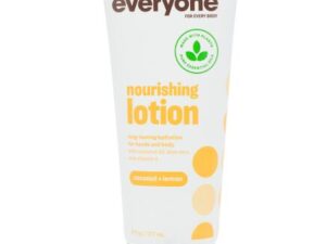 A tube of EVERYONE Coconut Lemon Lotion, labeled for long-lasting hydration and vegan ingredients.