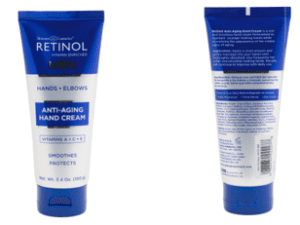 Two tubes of RETINOL MEN 3.4oz Hand Cream, one showing the front and the other displaying the back with ingredient details.