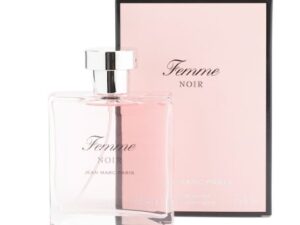 A bottle of JEAN MARC PARIS Femme Noir Eau De Parfum in front of its pink box on a white background.