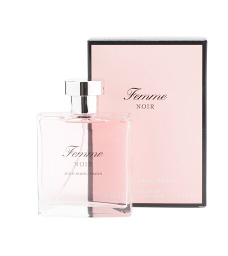 A bottle of JEAN MARC PARIS Femme Noir Eau De Parfum in front of its pink box on a white background.