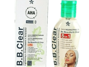 Two B.B. Clear Skin Respectful Oil products: a white cardboard box labeled "AHA Vitamin C" and an adjacent bottle labeled "Vitamin C skin oil for dark spots." Both feature branding and skin benefits.