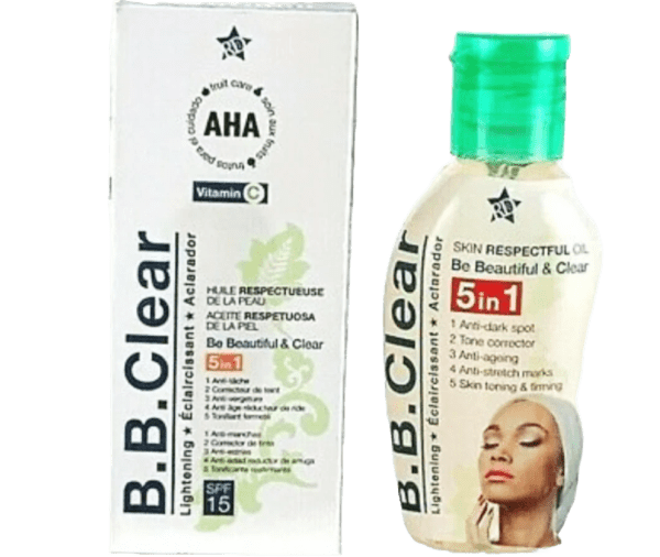 Two B.B. Clear Skin Respectful Oil products: a white cardboard box labeled "AHA Vitamin C" and an adjacent bottle labeled "Vitamin C skin oil for dark spots." Both feature branding and skin benefits.