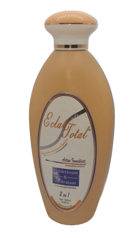 A single bottle of Eclat Total Immediate Action Lightening Body Lotion 2in1 - 500ml with a beige and white label on a transparent background.