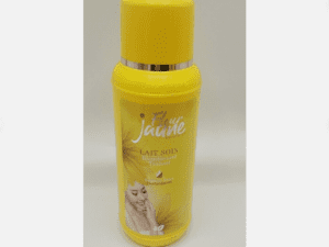 Transformative Fleur Jaune Body Lotion Soin Blanchissant Traitant sunscreen lotion bottle with the brand "j'aime" labeled in white and an image of a woman's face on the front, set against a plain background.