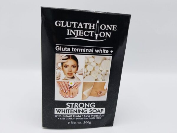 A tube of Glutathione Injection Strong Whitening Soap - 200g with images of a woman and soap tablets, labeled in black and white packaging.