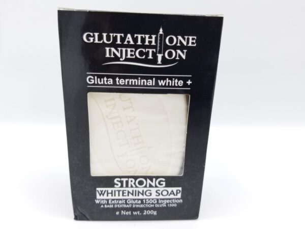 Box of Glutathione Injection Strong Whitening Soap - 200g with additional glutathione complex, on a white background.