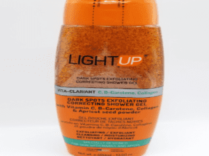 Light UP Dark Spot Correcting Beauty Shower Gel - 400ml/13.5fl.oz bottle of vitamin c, b-carotene, and collagen dark spots exfoliating lightening shower gel, with descriptive text on label.